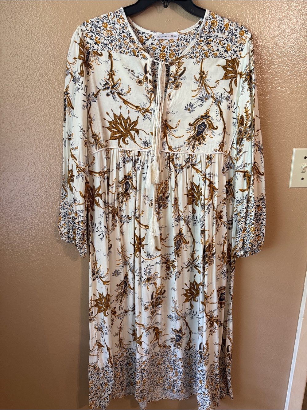 Floral Tiered Long Sleeve Maxi Dress in Cream and Brown